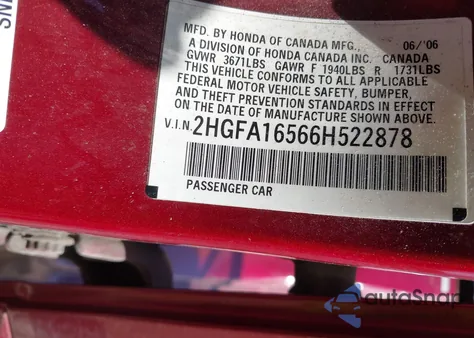 2006 Honda Civic Lx z USA, uszkodzony, nr VIN 2HGFA16566H522878